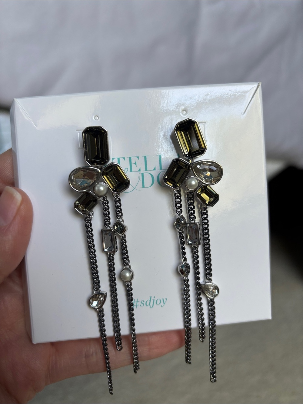 Stella & Dot Gunmetal Crystal Drop Earrings with Pearls